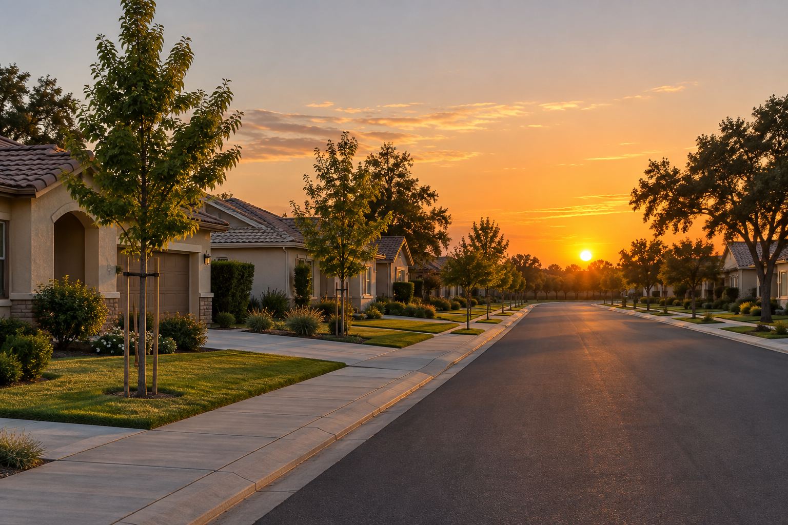 A Yuba City residential street at sunset, illustrative