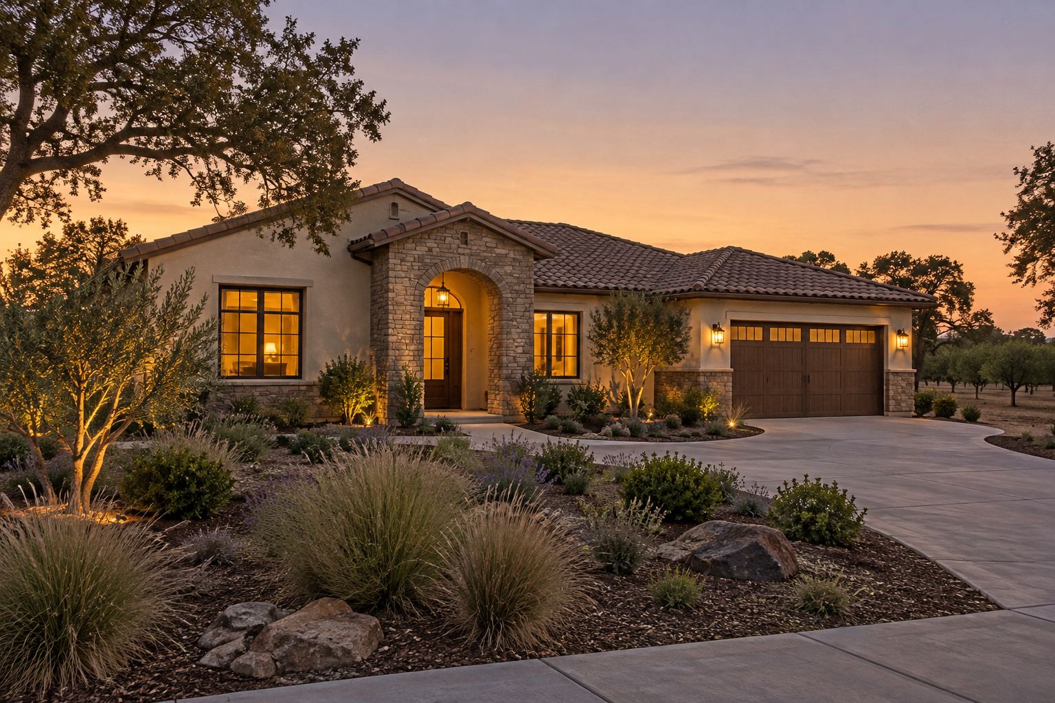A Yuba City home at dusk, illustrative