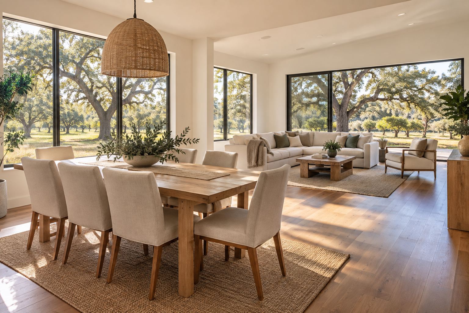A bright Northern California living room, illustrative